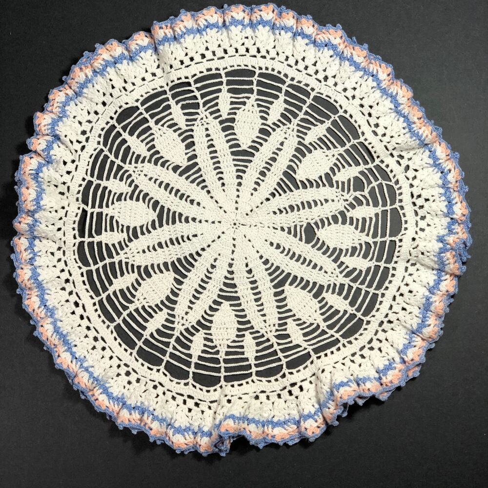 Round Crochet Table Cloth Doily 18" Side Table Dresser Vintage White Blue Pink